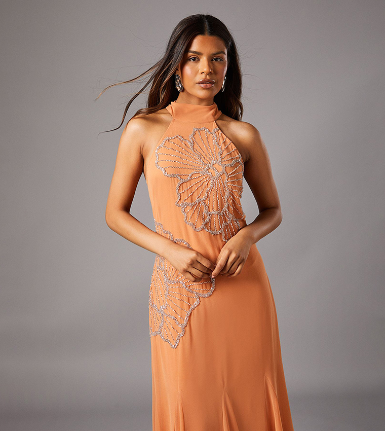 Petite Embellished Maxi Dress With Godet Pleats