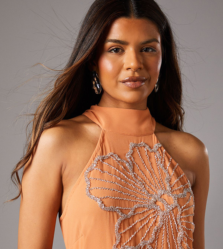 Petite Embellished Maxi Dress With Godet Pleats