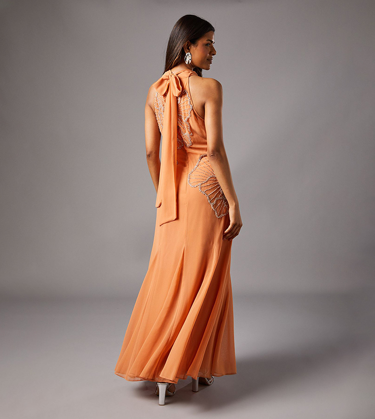 Petite Embellished Maxi Dress With Godet Pleats