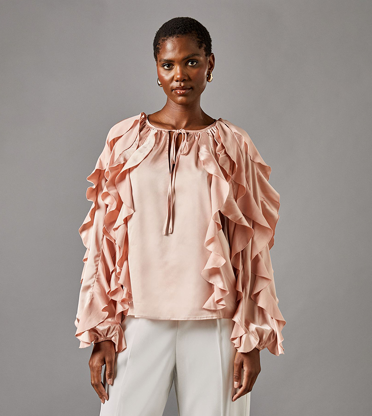 Satin Ruffled Long Sleeves Top