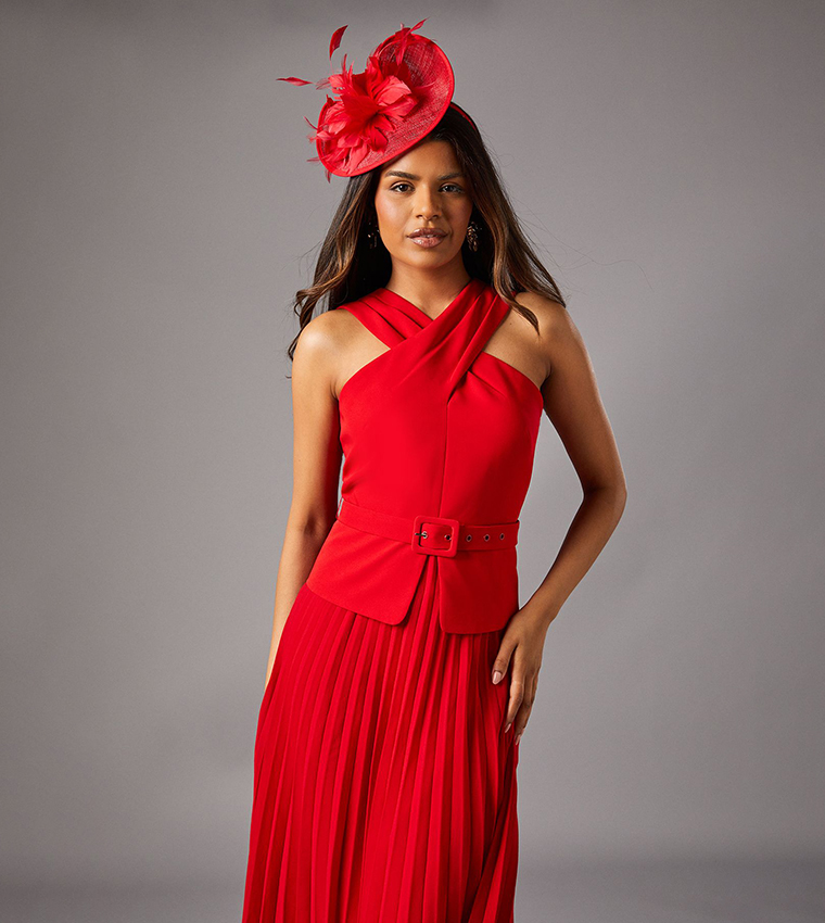 Petite Cross Over Neck Pleated Midi Dress