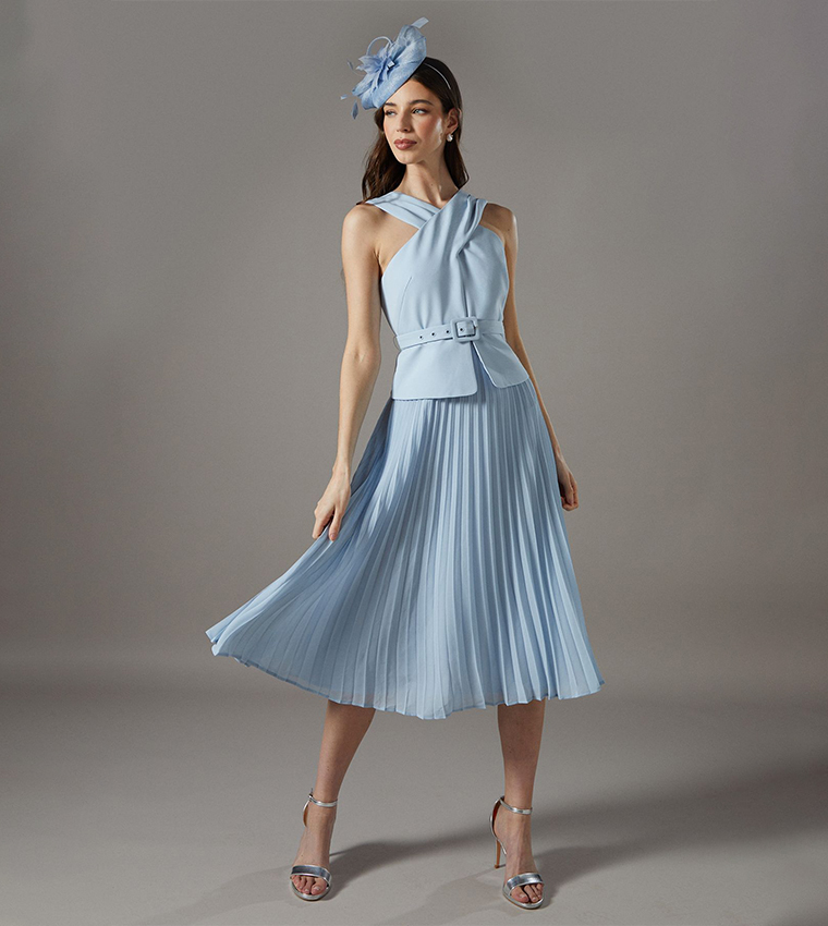 Petite Cross Over Neck Pleated Midi Dress