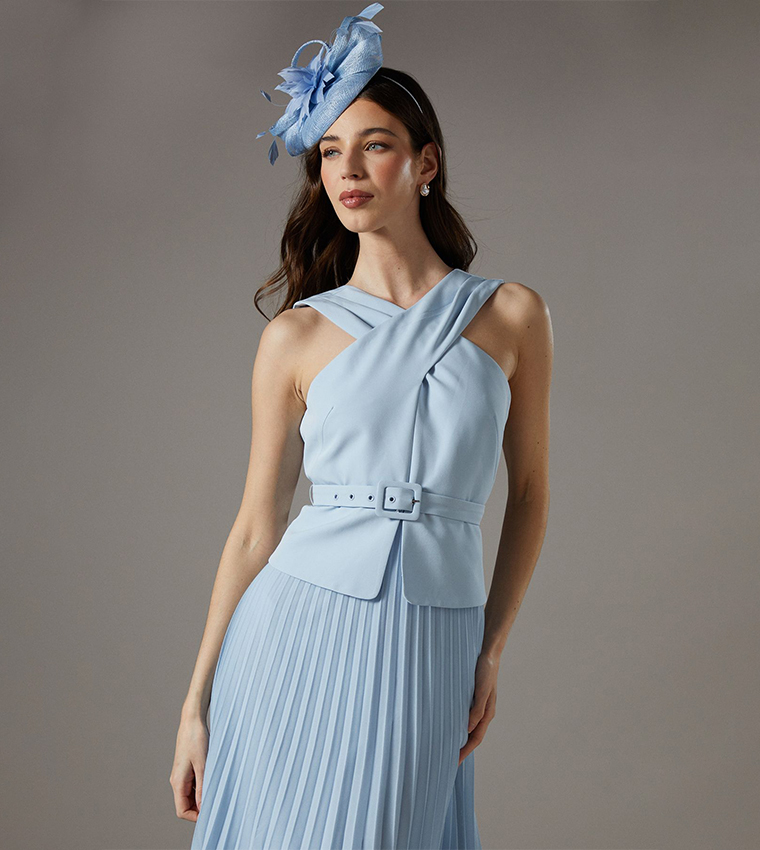 Petite Cross Over Neck Pleated Midi Dress