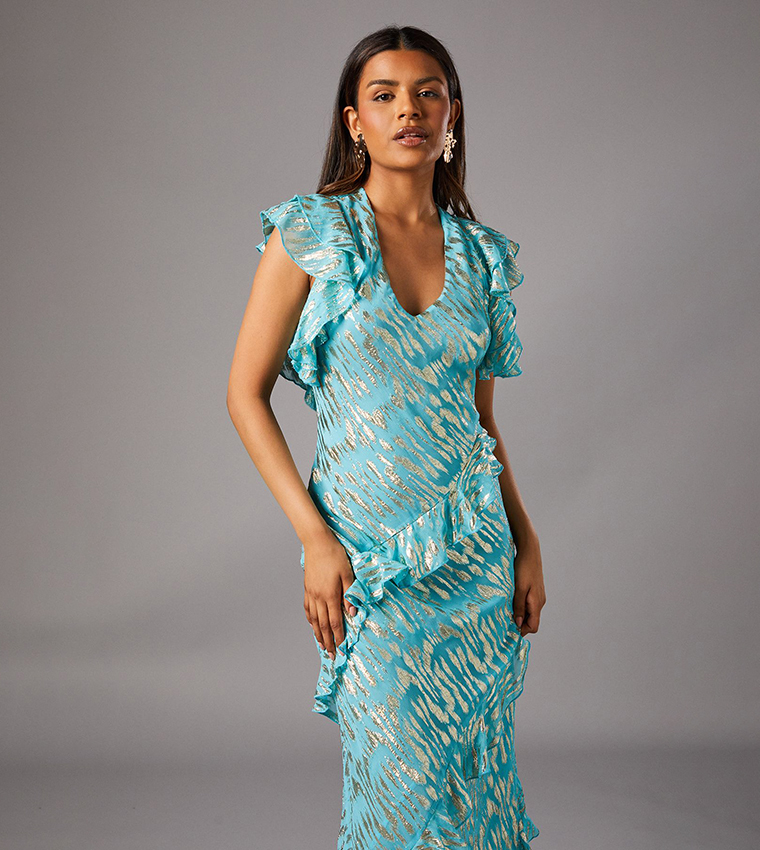 Petite Metallic Jacquard Frill Midi Dress