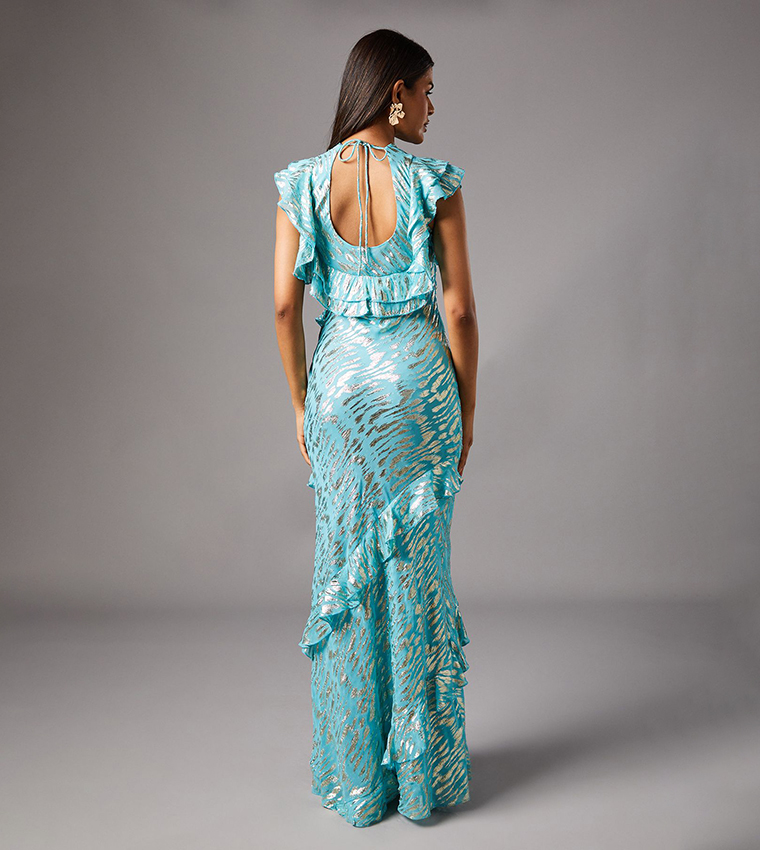 Petite Metallic Jacquard Frill Midi Dress