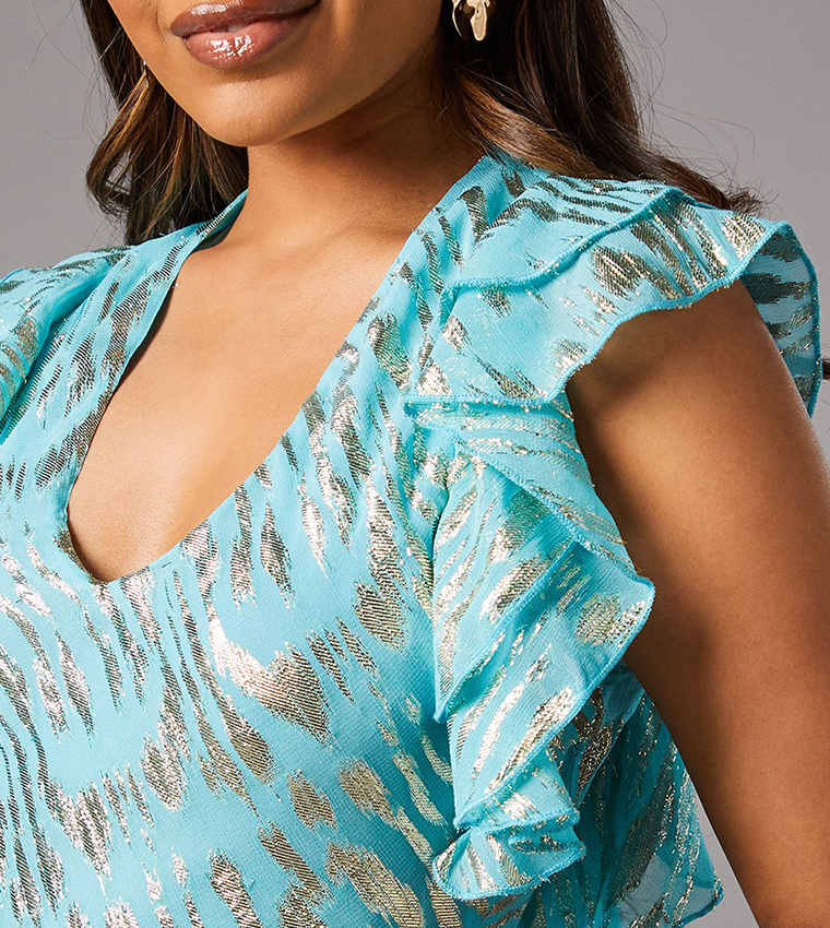 Petite Metallic Jacquard Frill Midi Dress