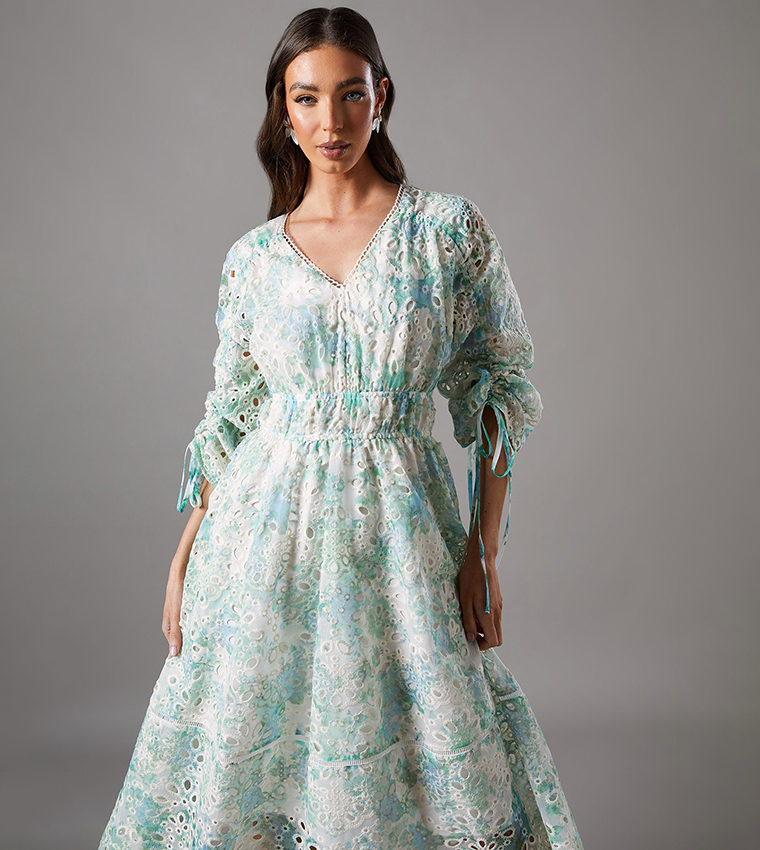 Printed Ruched Sleeves Midi Dress