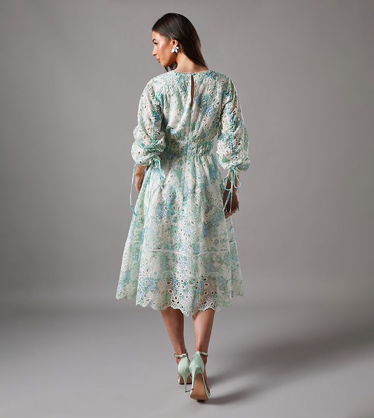 Printed Ruched Sleeves Midi Dress
