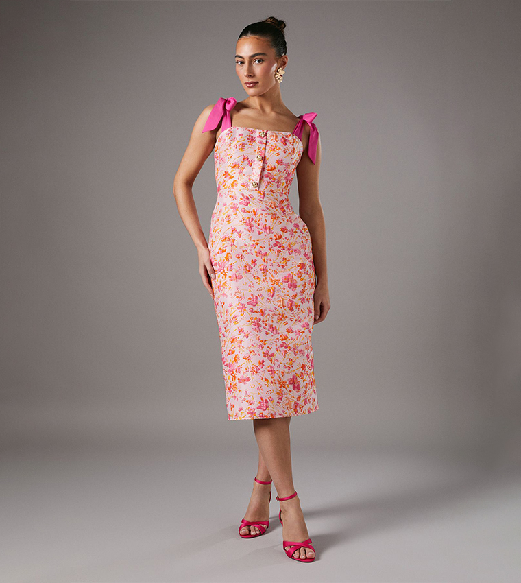 Floral Jacquard Strappy Midi Dress