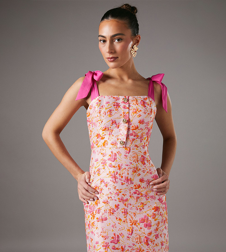 Floral Jacquard Strappy Midi Dress