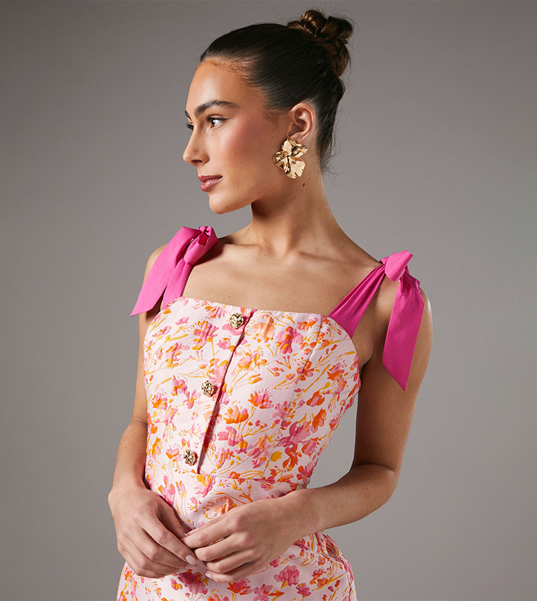 Floral Jacquard Strappy Midi Dress