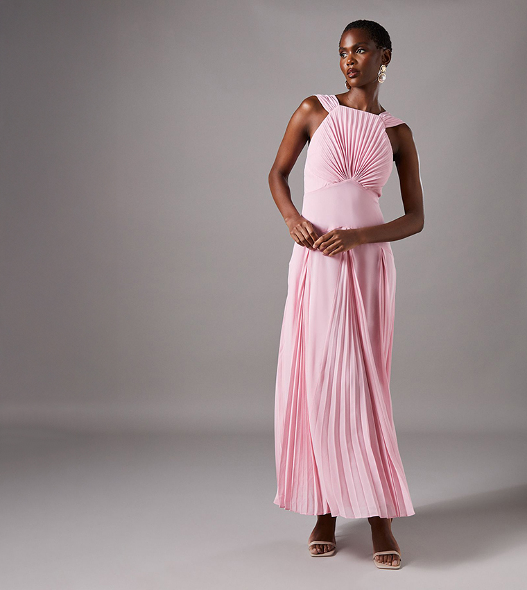 Pleated Bodice Sleeveless Midi Dress