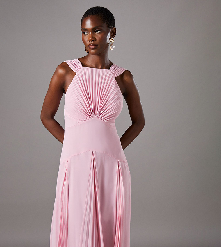 Pleated Bodice Sleeveless Midi Dress