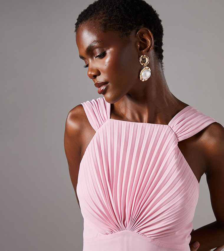 Pleated Bodice Sleeveless Midi Dress