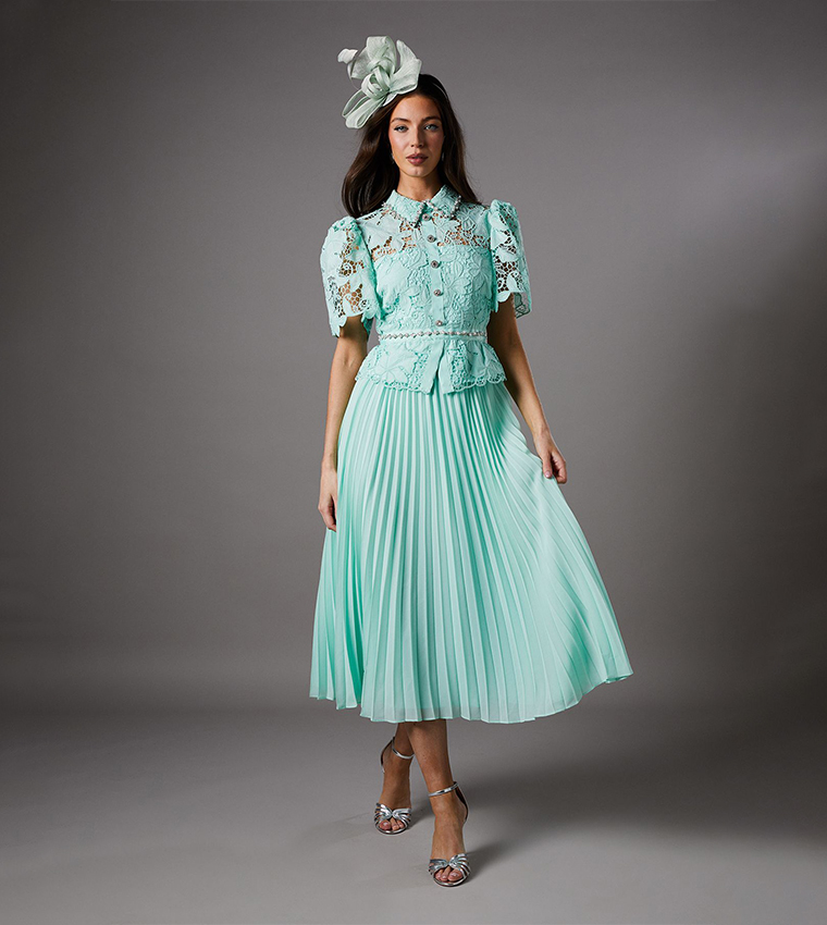 Buy Coast Lace Top Pleat Skirt Jewel Button Dress In Green | 6thstreet Qatar