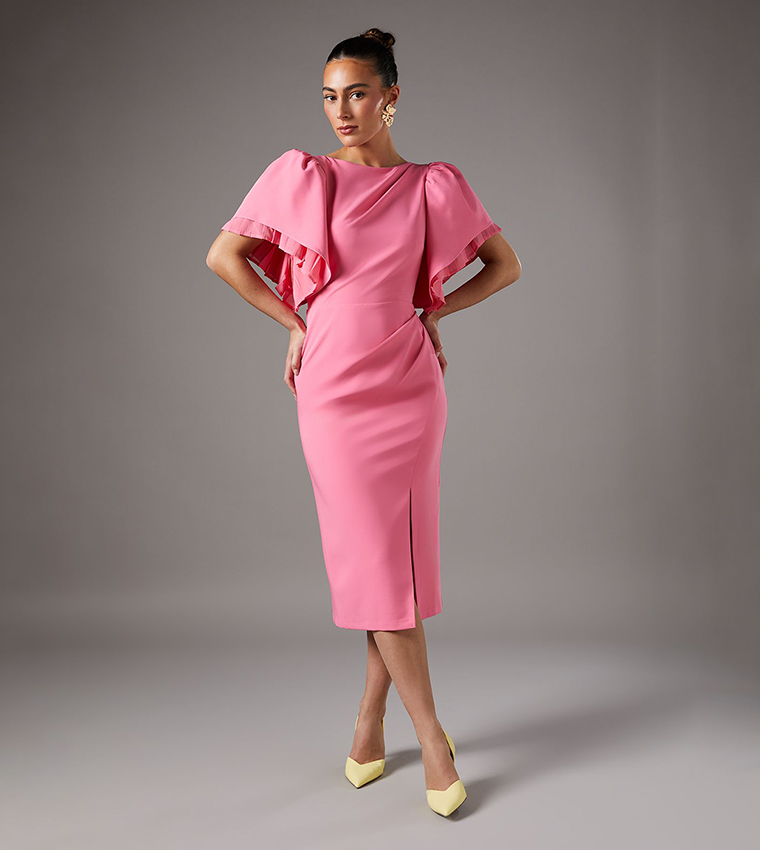 open lace back dress Queendancer Women Pink Crepe Midi Work Dress with Ruffles Pencil Long  Sleeves V-Neck Business Dress with Slit – queendancer main image 0