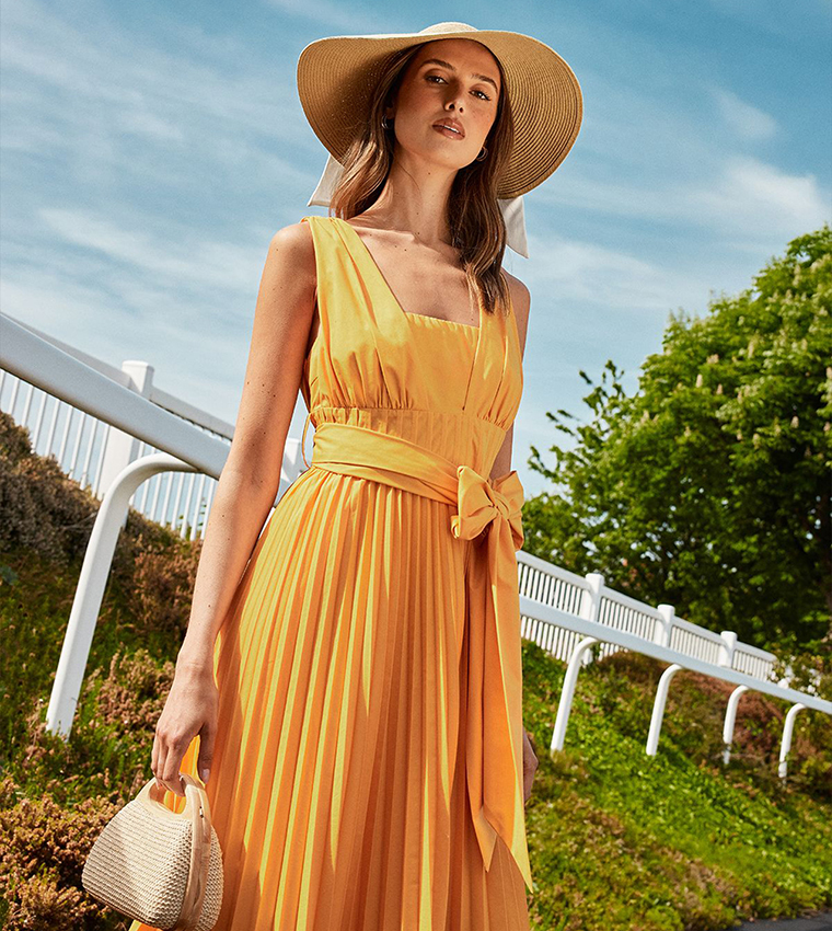 Buy Coast Lisa Tan Polo Pleated Cotton Belted Midi Dress In Yellow