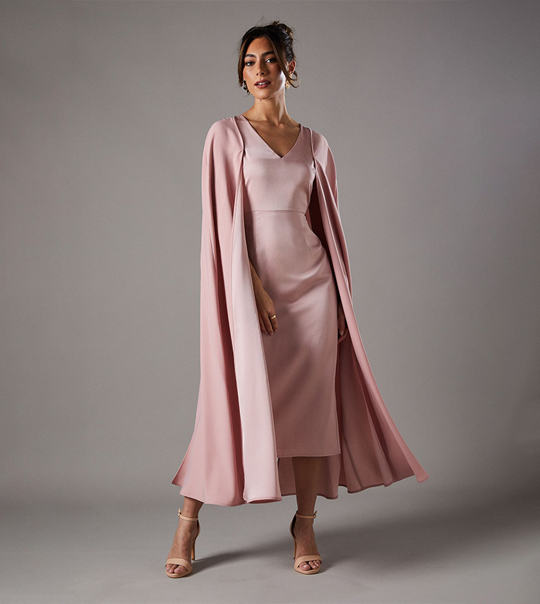 Solid V-Neck Cape Midi Dress