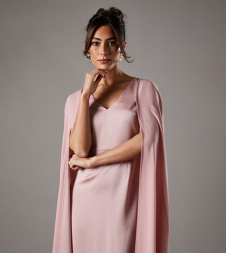 Solid V-Neck Cape Midi Dress