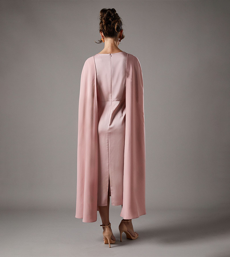 Solid V-Neck Cape Midi Dress