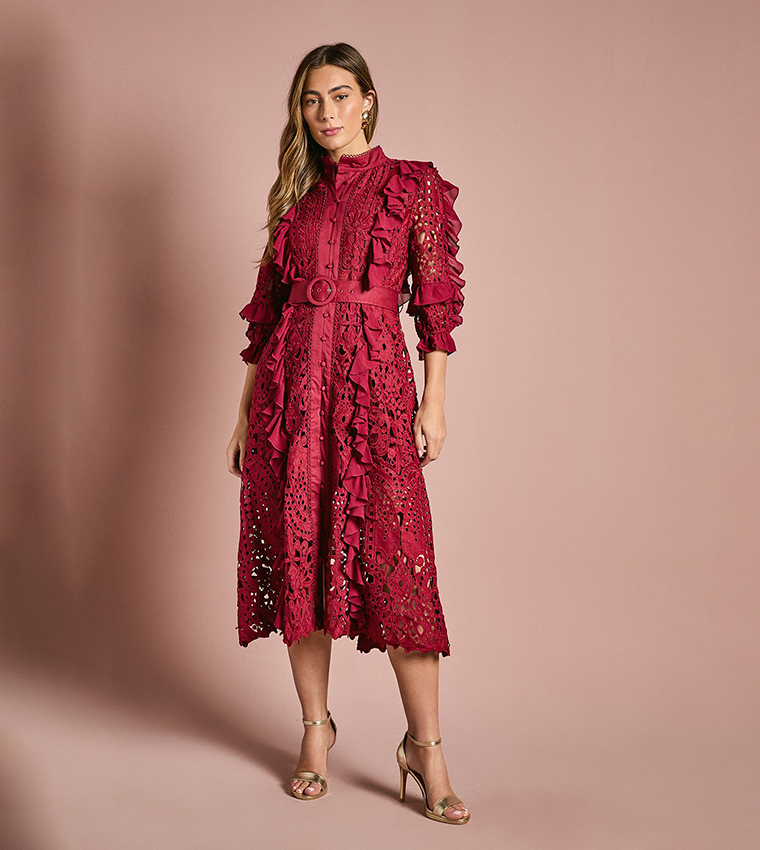 Lace Ruffle 3/4 Sleeves Shirt Dress