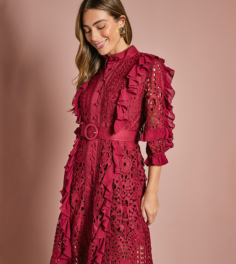 Lace Ruffle 3/4 Sleeves Shirt Dress