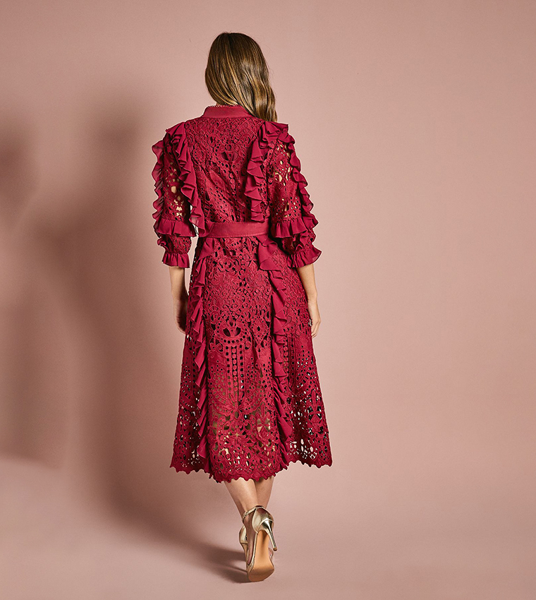 Lace Ruffle 3/4 Sleeves Shirt Dress
