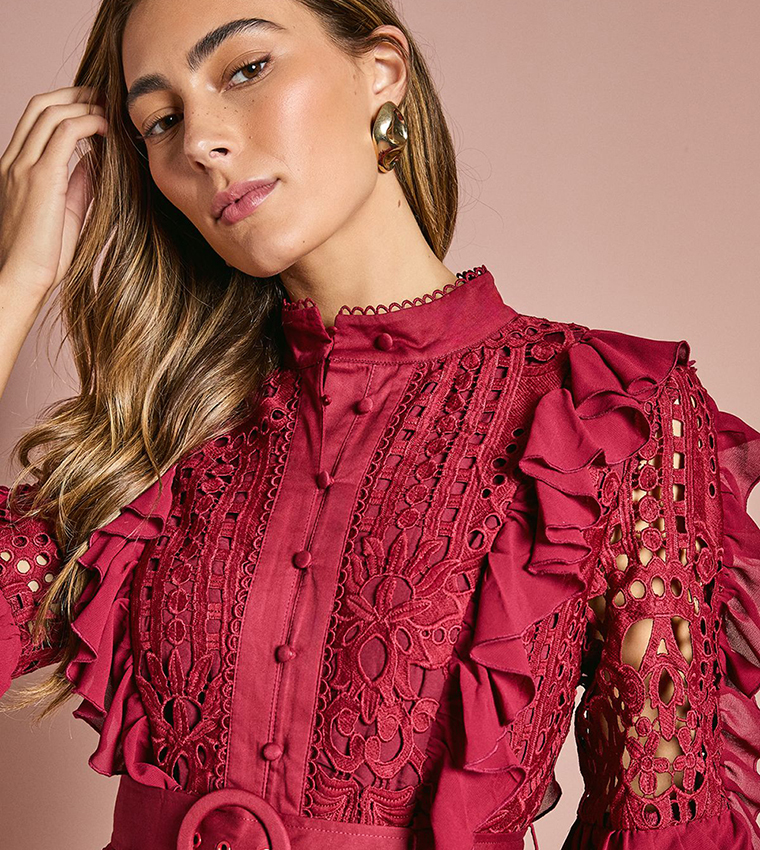 Lace Ruffle 3/4 Sleeves Shirt Dress