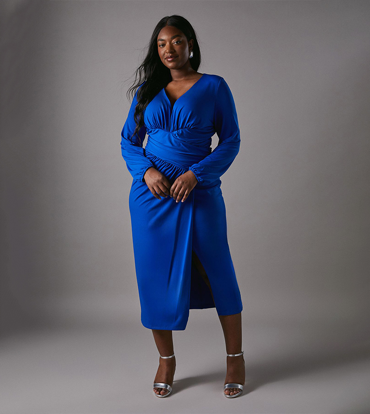 Buy Coast Curve Jersey Tie Wrap Front Long Sleeves Dress In Blue |  6thstreet Qatar