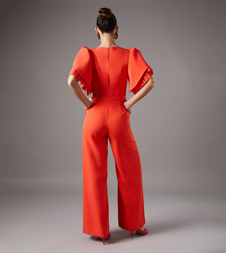 Pleat Ruffle Sleeves Jumpsuit