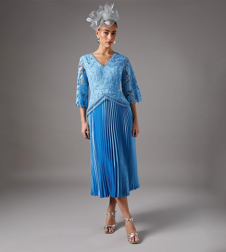 Lace Top Pleated Skirt Midi Dress