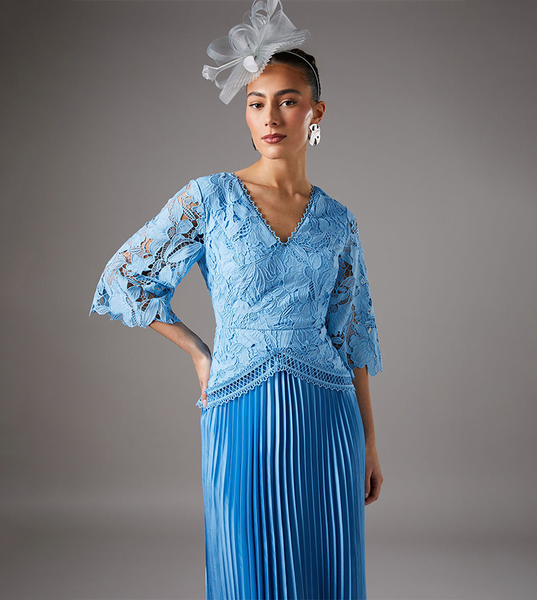Lace Top Pleated Skirt Midi Dress