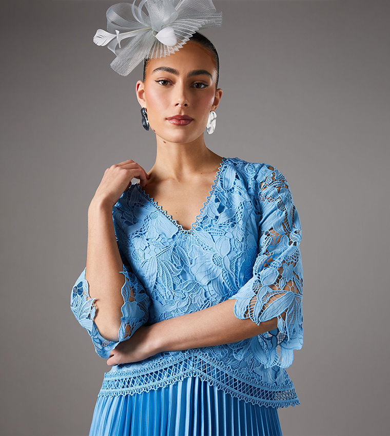 Lace Top Pleated Skirt Midi Dress