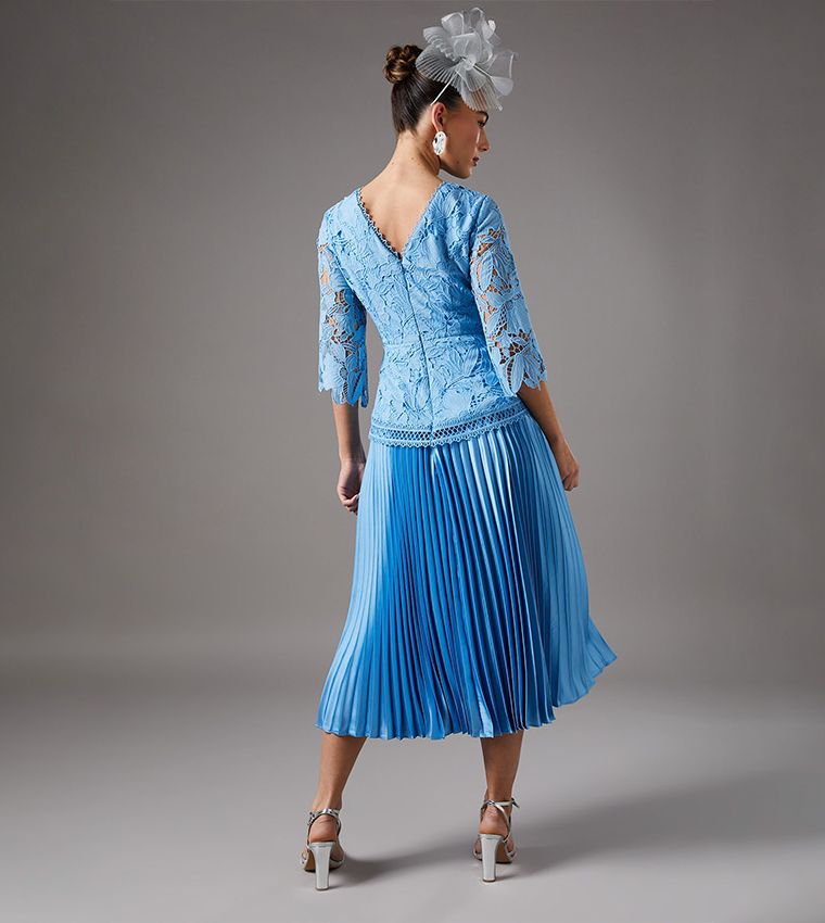 Lace Top Pleated Skirt Midi Dress