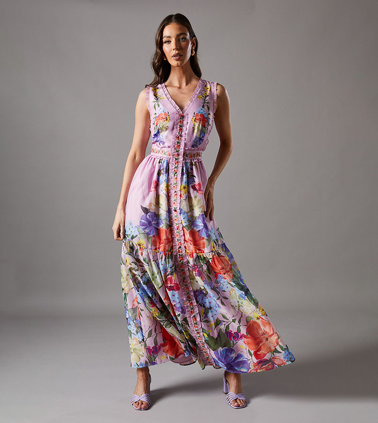 Floral Printed Button Through Maxi Dress