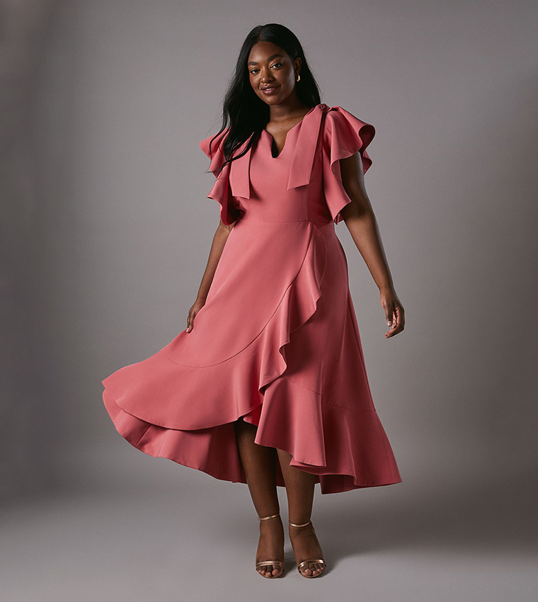 Curve Bow Shoulder Crepe Frill Skirt Midi Dress