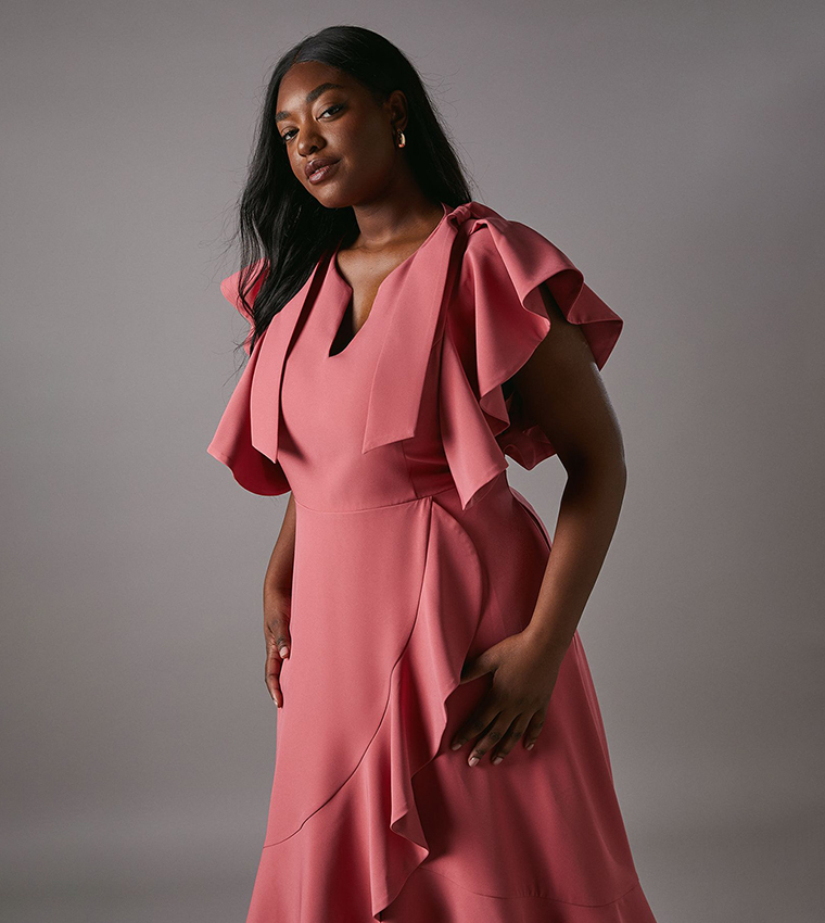Curve Bow Shoulder Crepe Frill Skirt Midi Dress