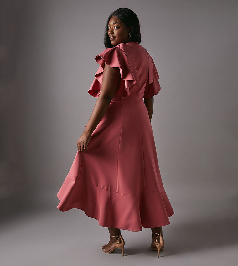 Curve Bow Shoulder Crepe Frill Skirt Midi Dress