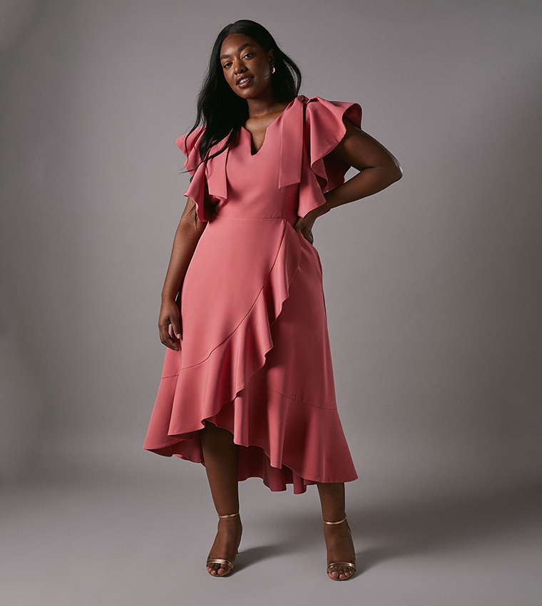 Curve Bow Shoulder Crepe Frill Skirt Midi Dress