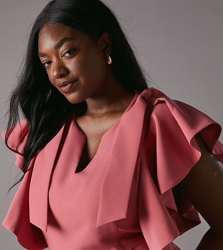 Curve Bow Shoulder Crepe Frill Skirt Midi Dress