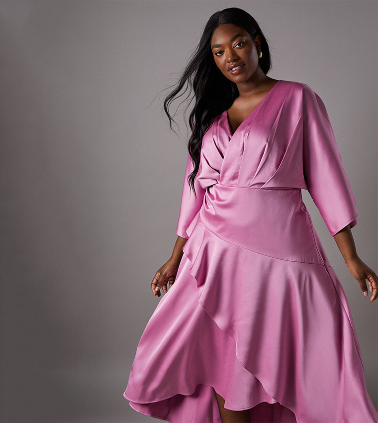 Curve Satin Back Crepe Ruffle Wrap Midi Dress