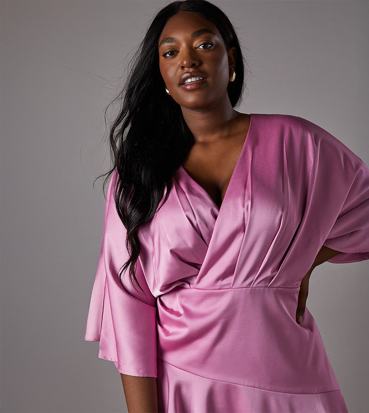 Curve Satin Back Crepe Ruffle Wrap Midi Dress