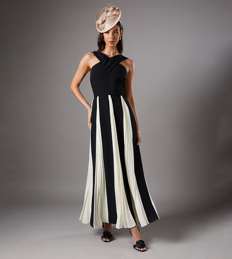 Cross Front Pleated Panelled Maxi Dress