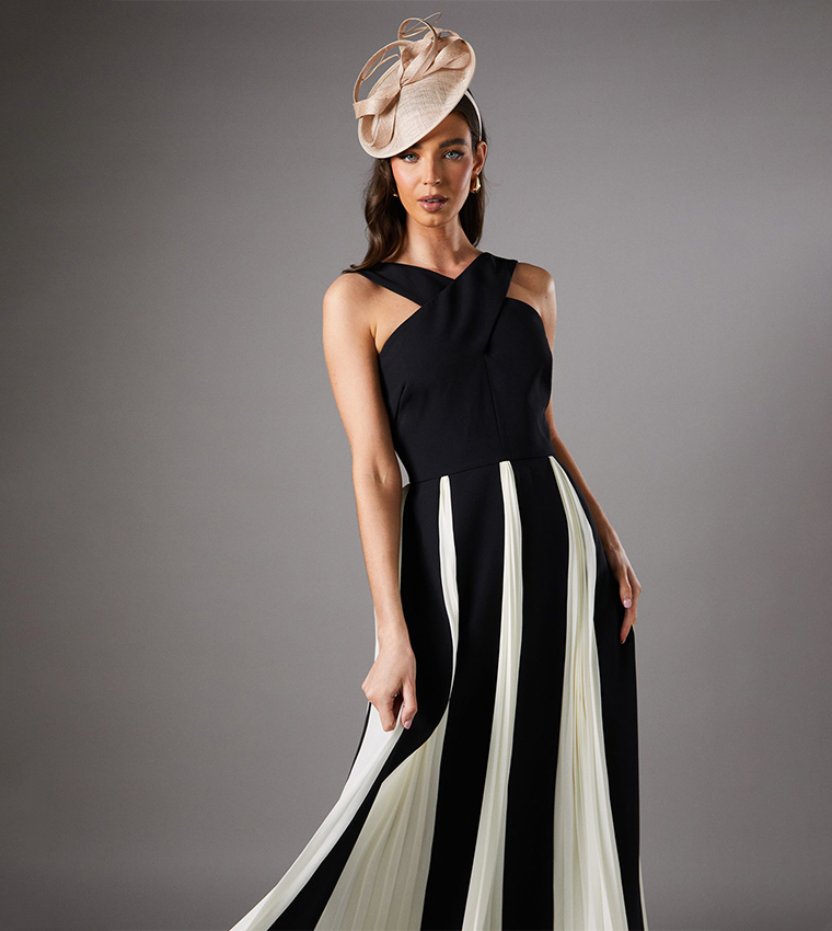 Cross Front Pleated Panelled Maxi Dress