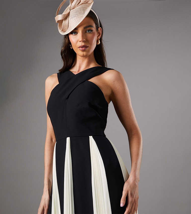 Cross Front Pleated Panelled Maxi Dress