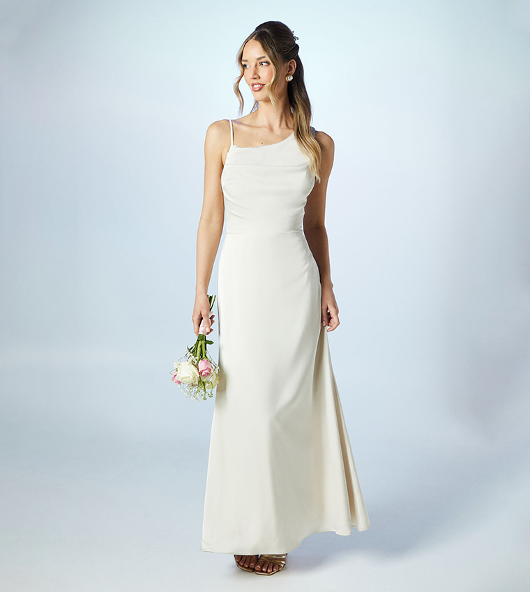 Asymmetric Shoulder Satin Bridesmaids Maxi Dress