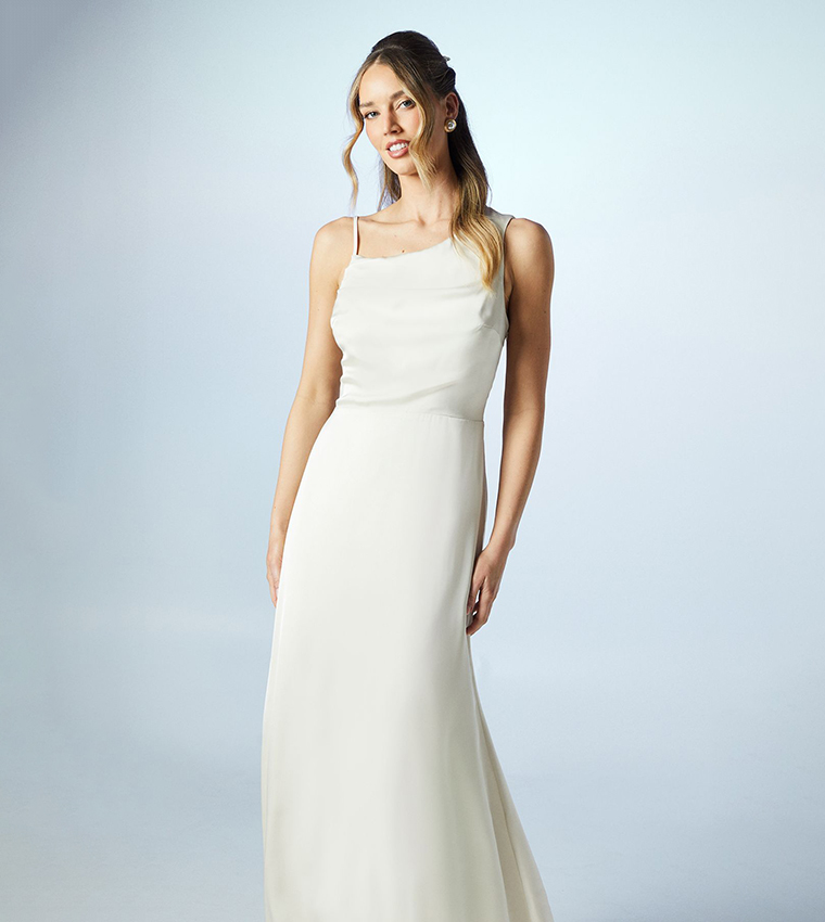 Asymmetric Shoulder Satin Bridesmaids Maxi Dress