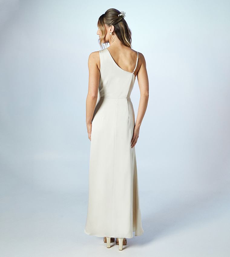Asymmetric Shoulder Satin Bridesmaids Maxi Dress