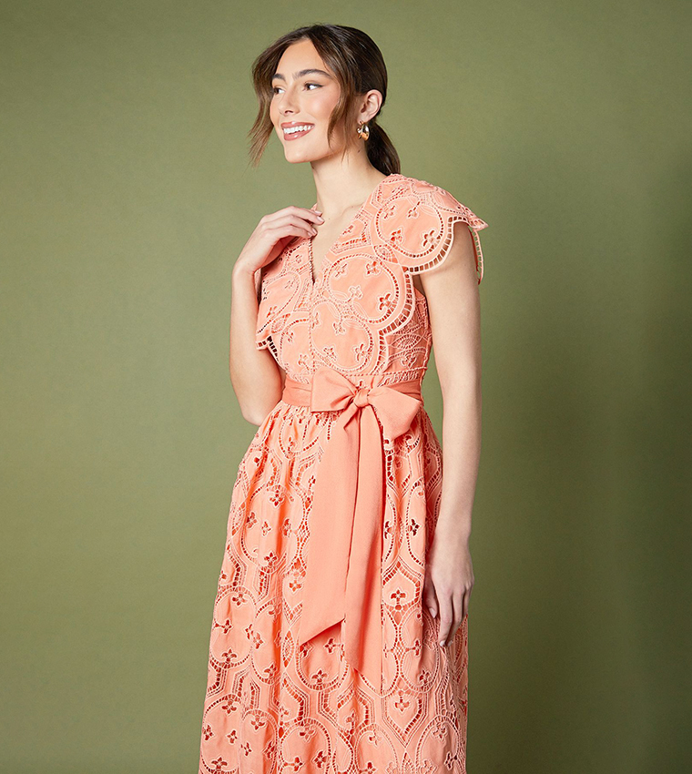 Lace V-Neck Belted Midi Holiday Dress