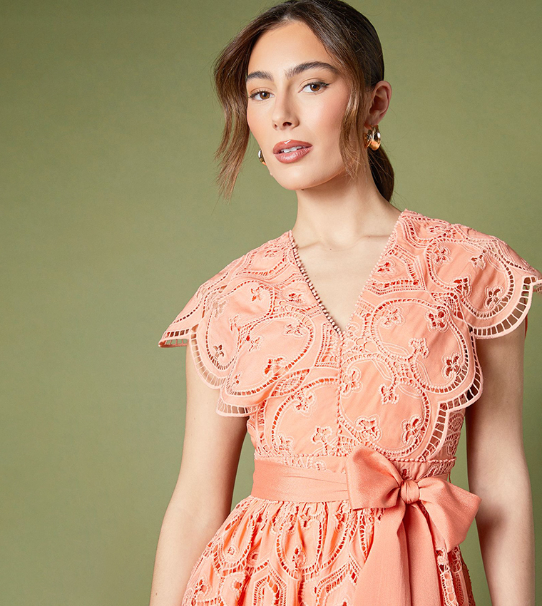 Lace V-Neck Belted Midi Holiday Dress